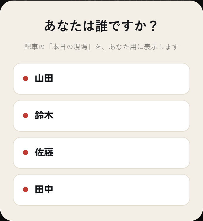 名前を選ぶ画面。あなたは誰ですかと表示され、名前のボタンが並んでいる